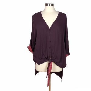 L. Love Tie Front Rayon Top with Checkered Trim New
